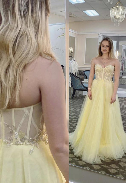 Yellow tulle beads prom dress evening dress KS4147