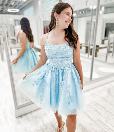 Blue tulle lace short prom dress homecoming dress SA1445