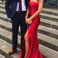 long prom dresses, strapless mermaid red prom dresses with slit AU02