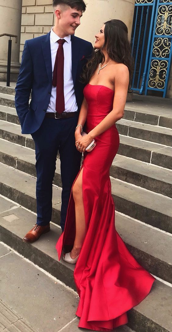 long prom dresses, strapless mermaid red prom dresses with slit AU02