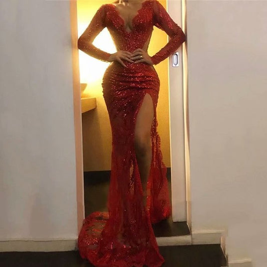 Long Sleeve Red Evening Dresses, Sexy Long Prom Dresses H4100