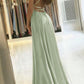 Simple A Line Sage Green Long Prom Dress With Slit Evening Party Dress KX79