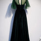 Deep Green Tulle Velvet Cap Sleeve Long Dress Customize Formal Prom Dress KS7340