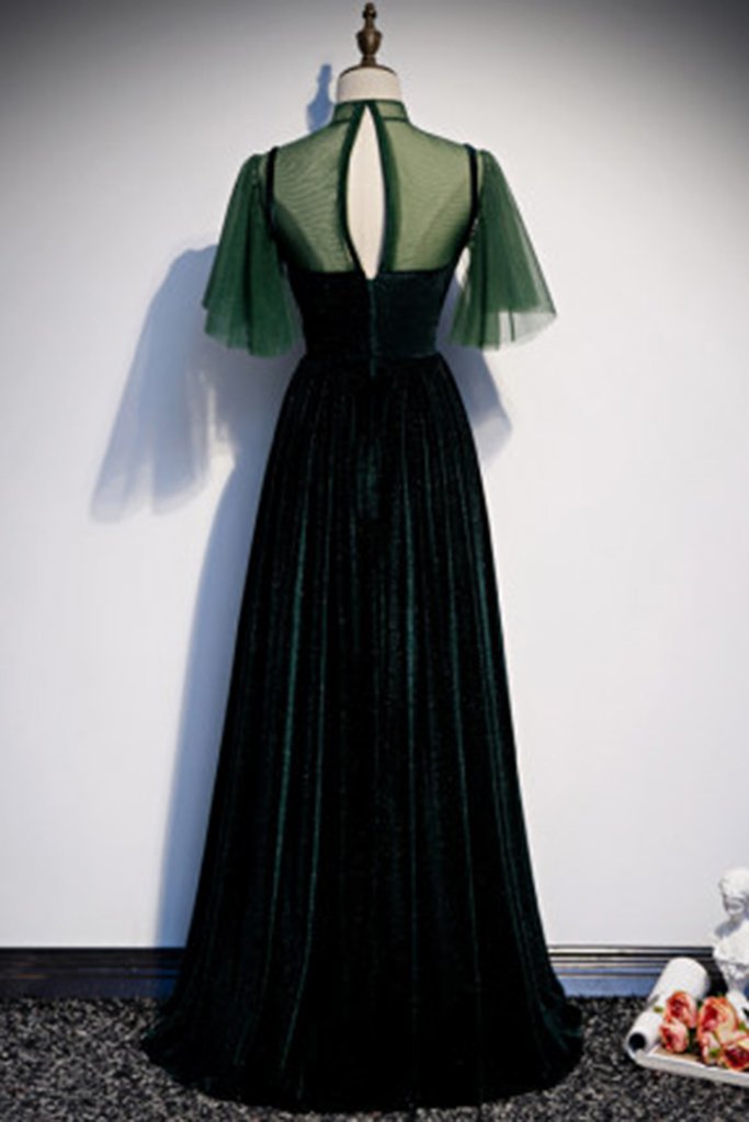 Deep Green Tulle Velvet Cap Sleeve Long Dress Customize Formal Prom Dress KS7340
