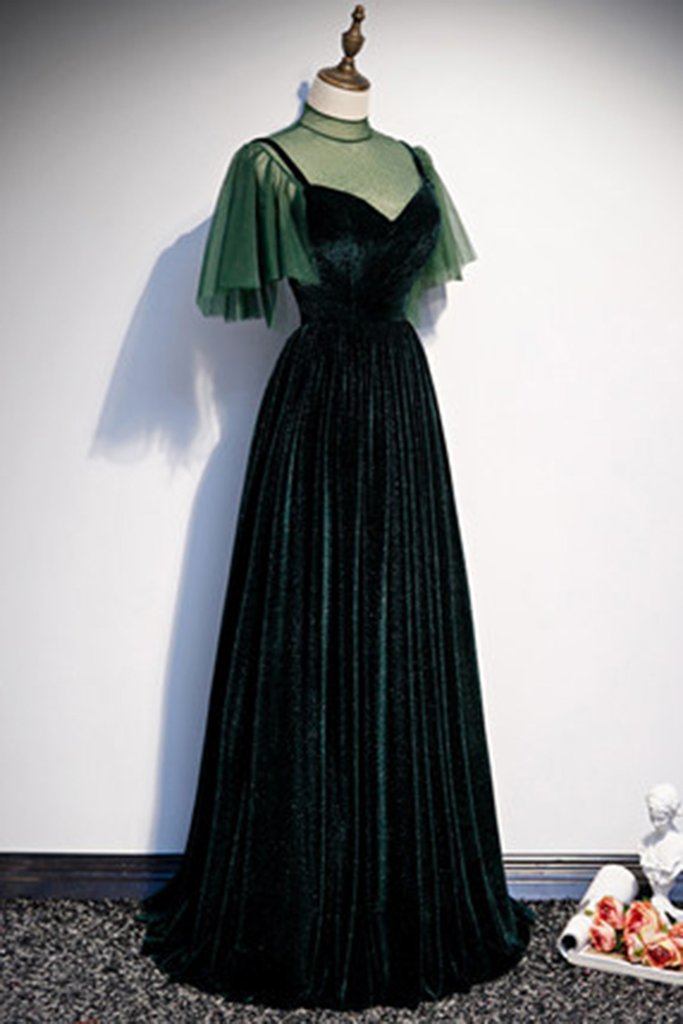 Deep Green Tulle Velvet Cap Sleeve Long Dress Customize Formal Prom Dress KS7340