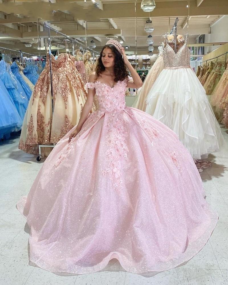 tulle princess off shoulder long formal prom dress, long strapless pink flower appliqués evening dress N1350