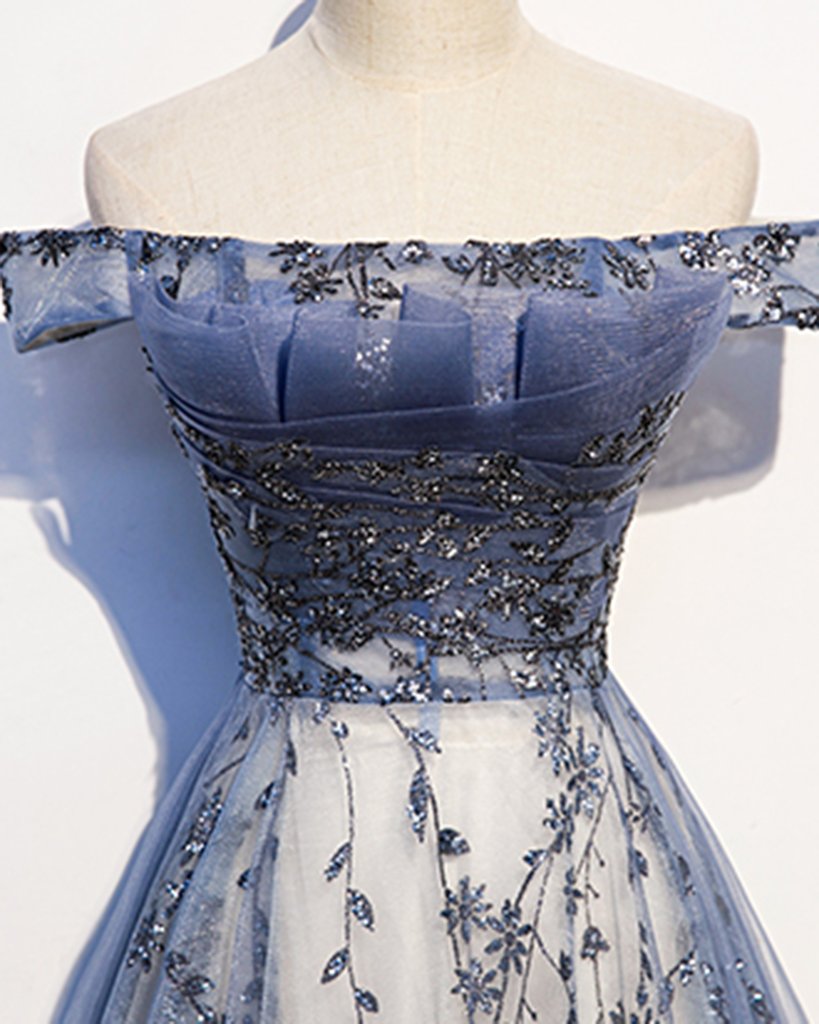 Stunning Blue Tulle Off Shoulder A Line Long Prom Dress, Evening Dress ...