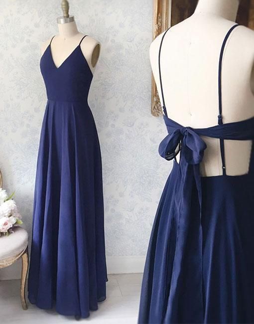 1288,Simple blue v neck chiffon long prom dress, evening dress – shinydress