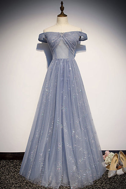 Strapless Blue Tulle Beaded Long A Line Off Shoulder Prom Dress, Evening Dress KS7423