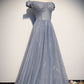 Strapless Blue Tulle Beaded Long A Line Off Shoulder Prom Dress, Evening Dress KS7423
