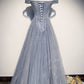Strapless Blue Tulle Beaded Long A Line Off Shoulder Prom Dress, Evening Dress KS7423