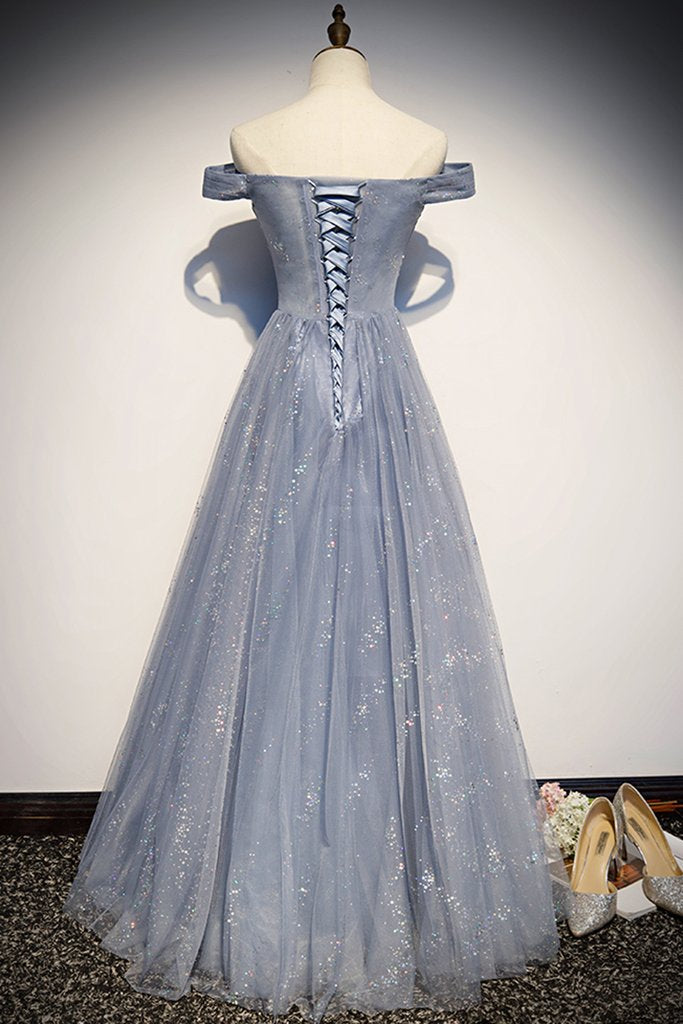 Strapless Blue Tulle Beaded Long A Line Off Shoulder Prom Dress, Evening Dress KS7423