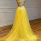 Yellow v neck tulle long prom dress yellow formal dress KS3368