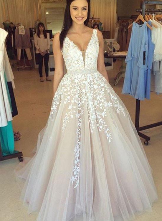 Custom made champagne lace tulle long prom dress, A line evening dresses KS3322