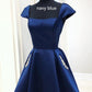 Cap Sleeves Short Navy Blue Homecoming Dress with Lace Up Back P0795
