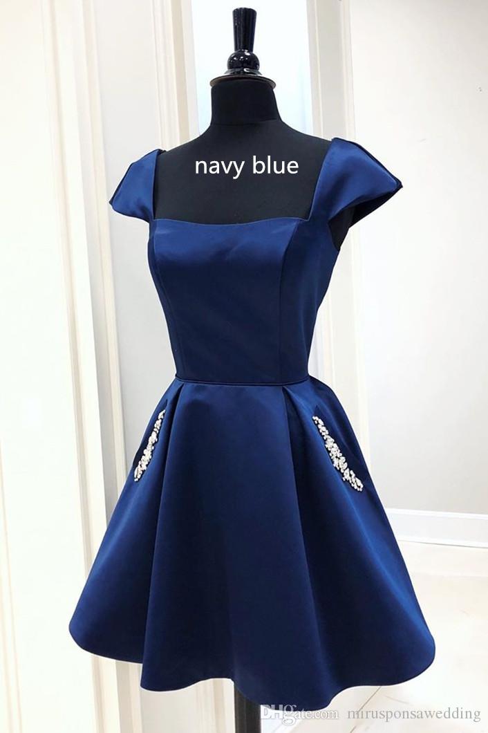 Cap Sleeves Short Navy Blue Homecoming Dress with Lace Up Back P0795