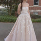 Custom made champagne lace tulle long prom dress, A line evening dresses KS3322