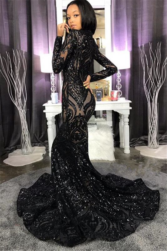 High Neck Shiny Appliques Black Girl Prom Dresses | Mermaid Long Sleeve Evening Gowns M0120