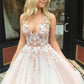 Pink v neck tulle lace long prom dress, pink tulle evening dress B458