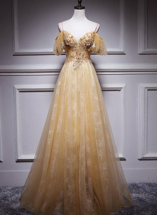 Light Champagne Lace Straps Sweetheart Long Party Dress, A-line Floor Length Prom Dress KS4890