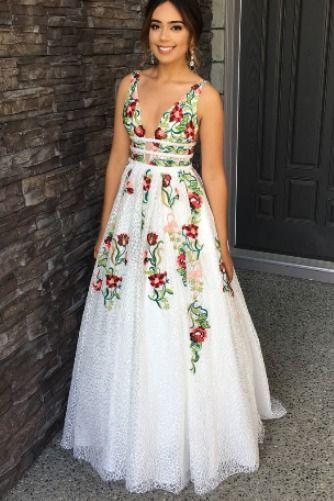 V-neck Sexy Floral Embroidered Long Prom Dresses PS062