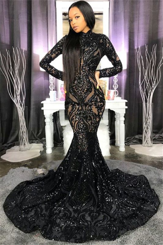 High Neck Shiny Appliques Black Girl Prom Dresses | Mermaid Long Sleeve Evening Gowns M0120