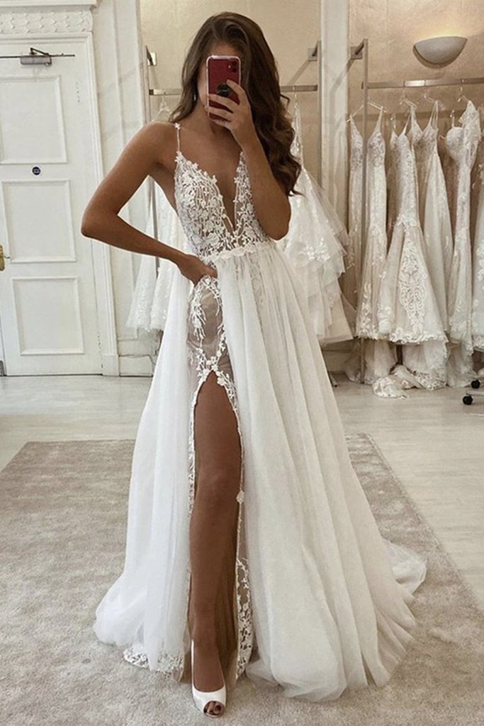 A Line V Neck Ivory Lace Long Prom Wedding Dress with High Slit, Ivory Lace Formal Dress, White Evening Dress KS6741