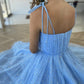 Spaghetti Straps Sequins Blue Tea Length Prom Dress, Blue Tea length Formal Homecoming Dress, Sequins Evening Dress KS6784