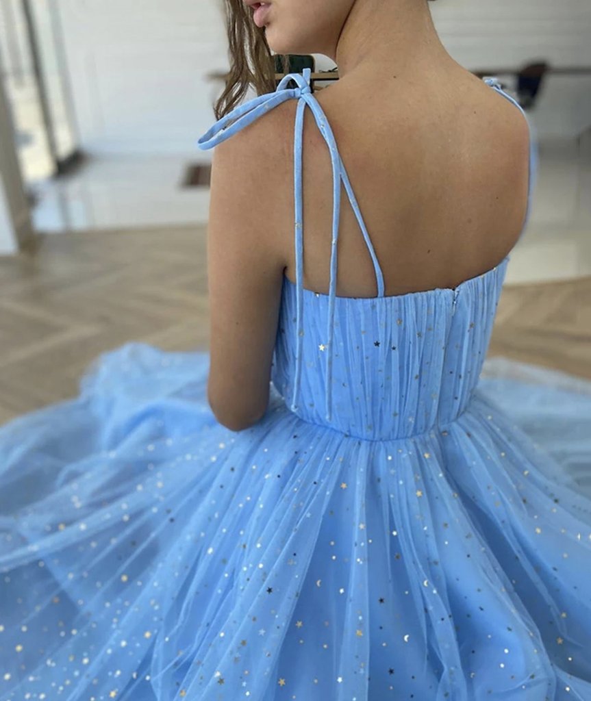 Spaghetti Straps Sequins Blue Tea Length Prom Dress, Blue Tea length Formal Homecoming Dress, Sequins Evening Dress KS6784