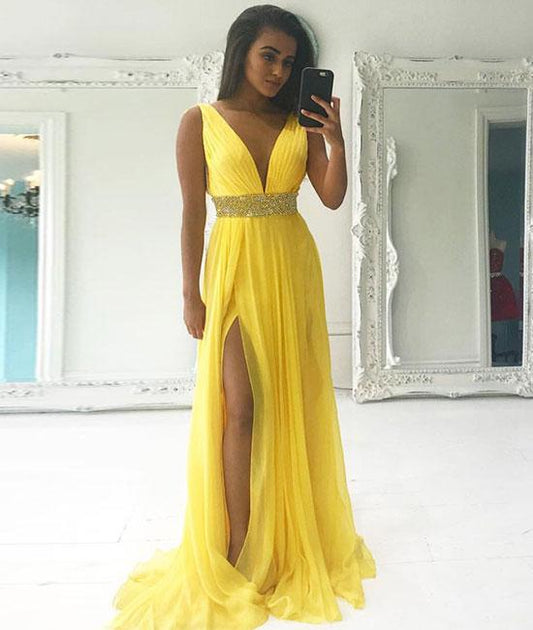 Yellow v neck beads chiffon long prom dress yellow evening dress KS5389