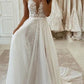 A Line V Neck Ivory Lace Long Prom Wedding Dress with High Slit, Ivory Lace Formal Dress, White Evening Dress KS6741