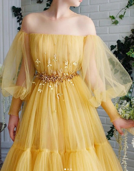 Yellow tulle lace long prom dress party dress A45