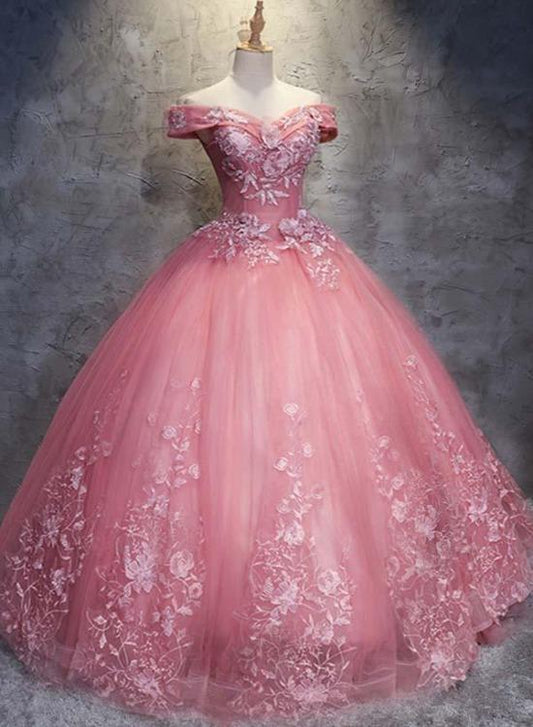 Charming Ball Gown Off-The-Shoulder Tulle Sweet 16 Dress, Quinceanera Dress KS5490
