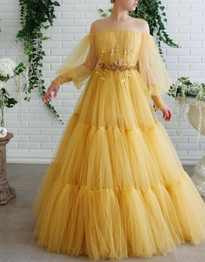 Yellow tulle lace long prom dress party dress A45