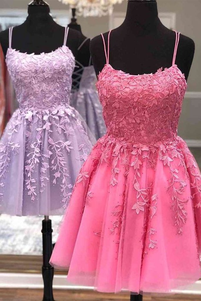 Short A Line Thin Straps Purple/Hot Pink Lace Prom Dress, Purple/Hot Pink Lace Homecoming Dress, Lilac/Hot Pink Short Formal Dress KS6742
