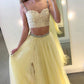 Yellow two pieces lace tulle long prom dress, yellow evening dress KS4836