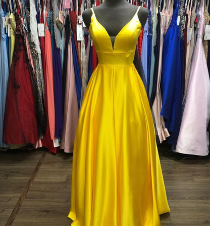 Yellow satin long A line prom dress yellow evening dress KS5902