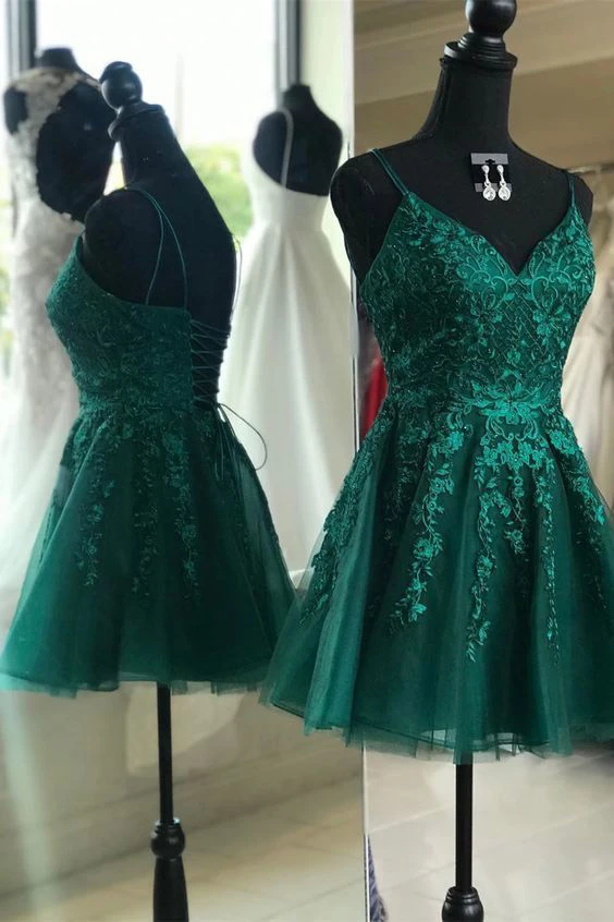 short lace emerald green homecoming dress E01