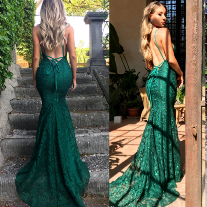 Mermaid Dark Green Prom Dress, Lace Long Prom Dresses, Spaghetti Straps Backless Prom Dress 0643