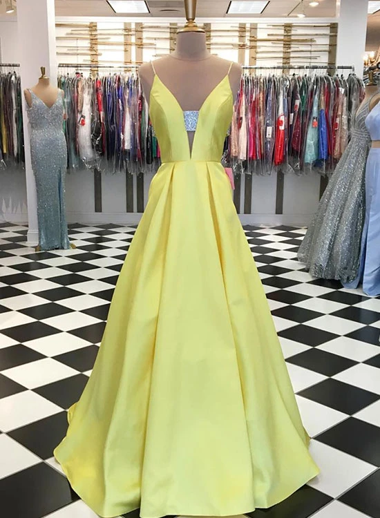 Yellow v neck satin long prom dress, yellow evening dress KS2319