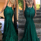 Mermaid Dark Green Prom Dress, Lace Long Prom Dresses, Spaghetti Straps Backless Prom Dress 0643