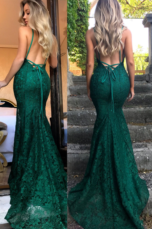 Mermaid Dark Green Prom Dress, Lace Long Prom Dresses, Spaghetti Straps Backless Prom Dress 0643