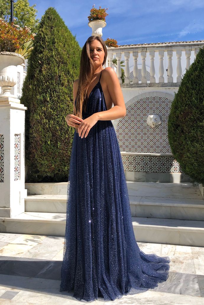 R053,sexy light blue sleeveless v-neck sequins full length evening dress backless spaghetti-straps tulle prom dress