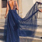 Shiny A Line V Neck Navy Blue Backless Prom Dresses, V Back Navy Formal Evening Dresses KS8160