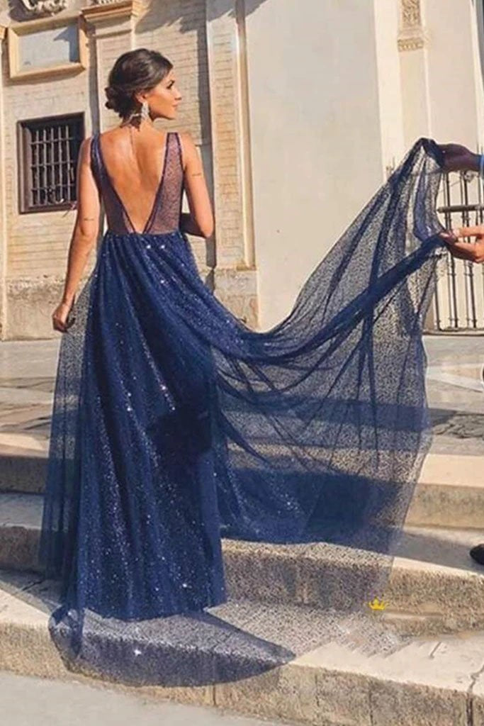 Shiny A Line V Neck Navy Blue Backless Prom Dresses, V Back Navy Formal Evening Dresses KS8160