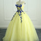 Yellow Tulle Long Flower Applique Evening Dress, Sweet 16 Prom Dress V19