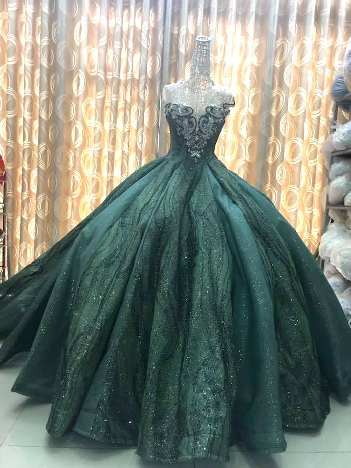 00395 Green princess sparkly sleeveless ball gown prom dress with glitter