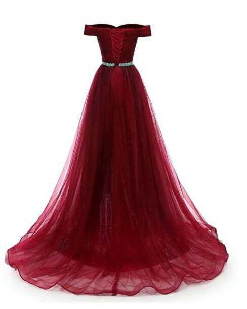 BURGUNDY BEADED TULLE NEW STYLE PROM DRESS, TULLE PARTY DRESS P0733
