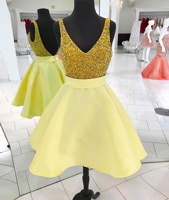 Yellow v neck sequin short prom dress, homecoming dress KS5519