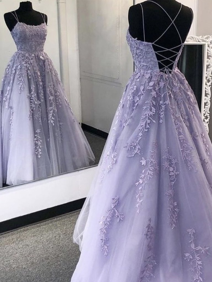 Purple tulle lace long prom dress formal dress S180